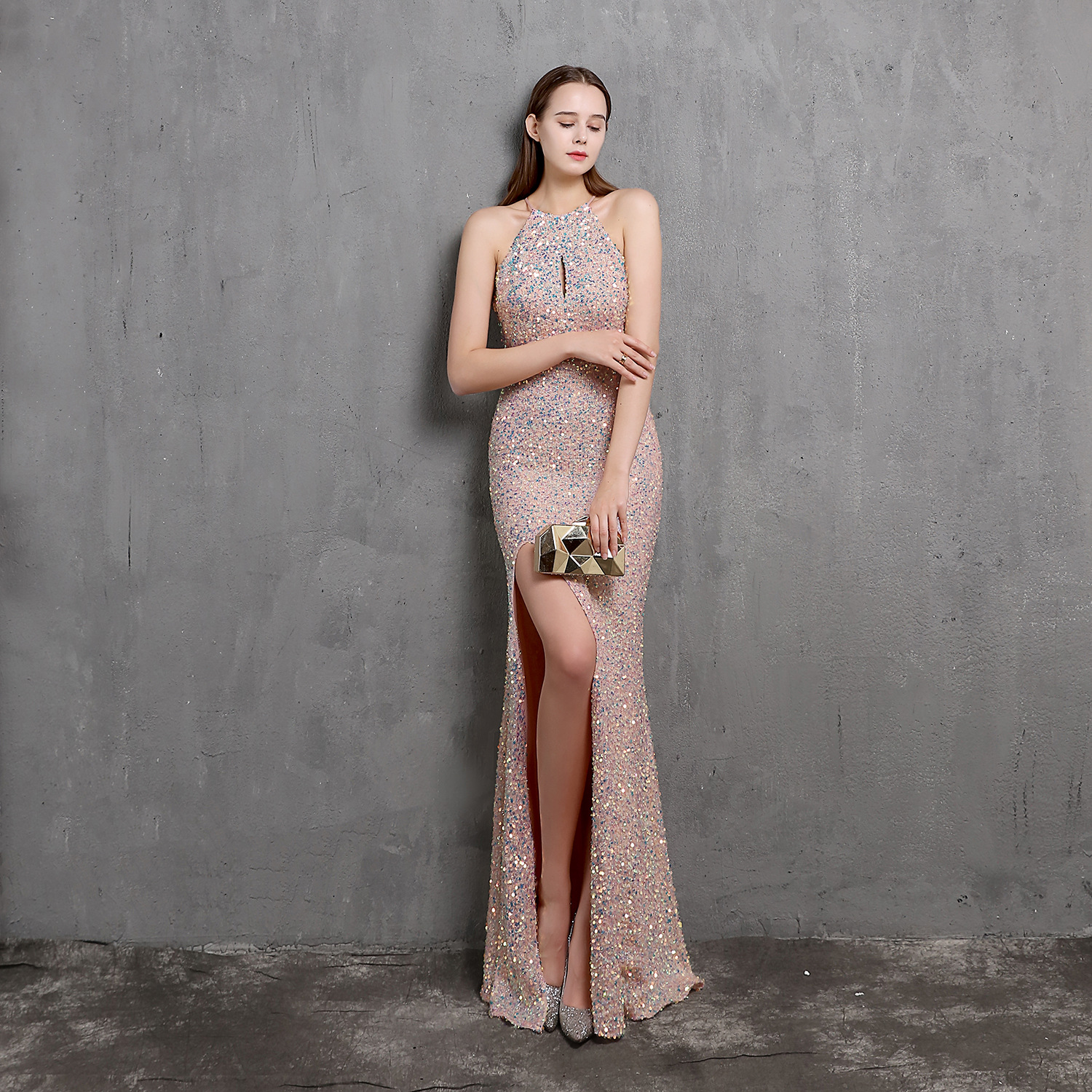 Summer Elegant Sequins Sleeveless Halter Split Evening Dress