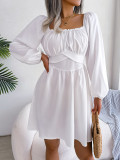 Women Casual Solid Ruffle Edge Square Neck Dress