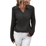 Women Turndown Collar Round Neck Sweater