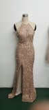 Summer Elegant Sequins Sleeveless Halter Split Evening Dress