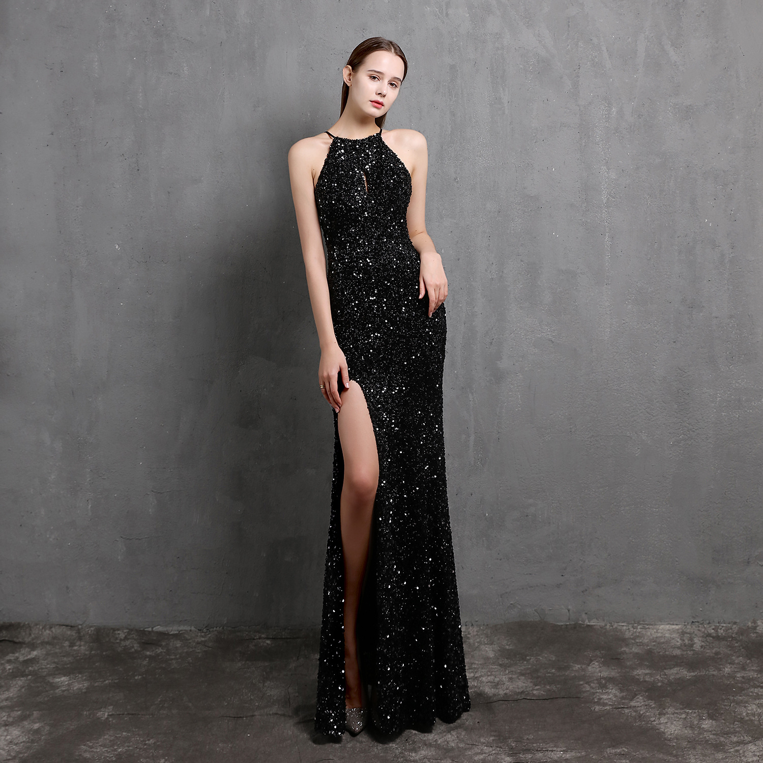 Summer Elegant Sequins Sleeveless Halter Split Evening Dress