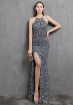 Summer Elegant Sequins Sleeveless Halter Split Evening Dress Summer Elegant Sequins Sleeveless Halter Split Evening Dress