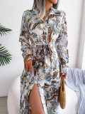 Women Vintage Floral Turndown Collar Tie Shirt Dress