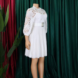 Women'S Chic Solid Color Lace Crochet Cutout Pleated Dress