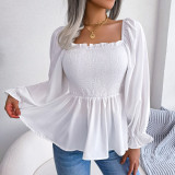 Women Casual Ruffle Edge Square Neck Long Sleeve chiffon Top