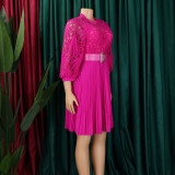 Women'S Chic Solid Color Lace Crochet Cutout Pleated Dress