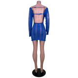 Women's Sexy Hollow Thin Long Sleeve Top Round Neck Hollow Back Dress