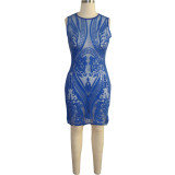Women's Beaded Embroidery Round Neck Sleeveless See Through Sexy Nightclub Dress