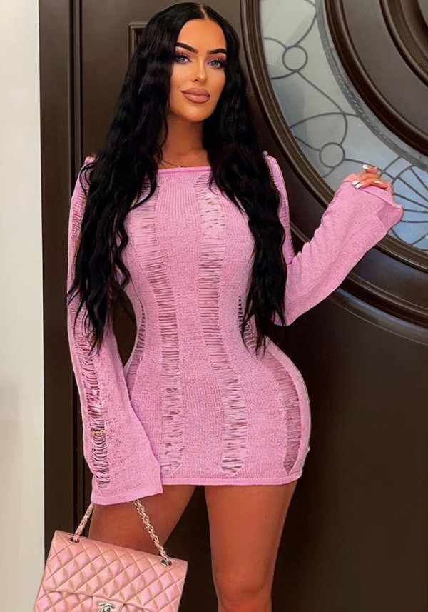Women's Sexy Hollow Thin Long Sleeve Top Round Neck Hollow Back Dress
