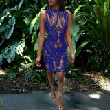Women's Beaded Embroidery Round Neck Sleeveless See Through Sexy Nightclub Dress