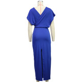 Women'S Fashion Casual Slit V-Neck Short Sleeve Midi Dress