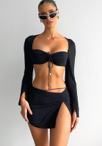 Women Lace-Up Long Sleeve Crop Top And Slit Skirt Two-Piece Set