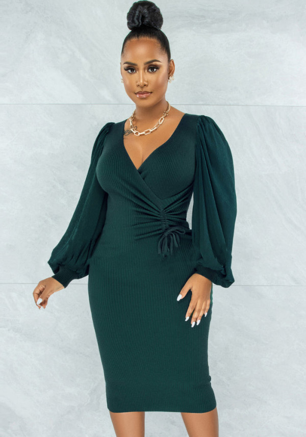 Women Solid Puff Sleeve Dress