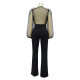 Women Mesh Balloon Sleeve V-Neck Backless Jumpsuit