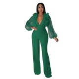 Women Mesh Balloon Sleeve V-Neck Backless Jumpsuit
