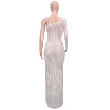 Women Sexy See-Through Beaded Long Sleeve Dress