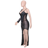 Women Sexy See-Through Beaded Long Sleeve Dress