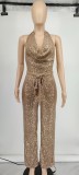Women Sleeveless Halter Neck Sequined Lace-Up Jumpsuit with Belt