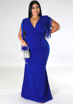 Plus Size Women V-Neck Solid Sleeveless Fringe Dress