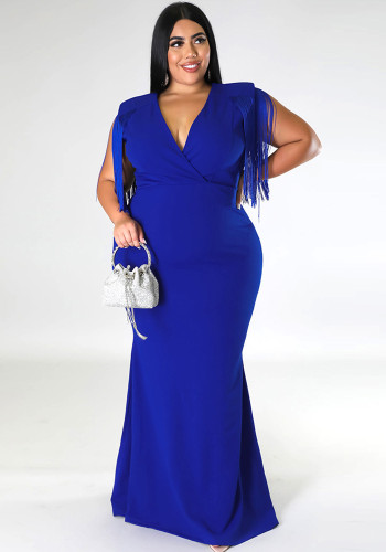 Plus Size Women V-Neck Solid Sleeveless Fringe Dress