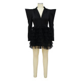 Women Mesh V Neck Straight Shoulder Dress