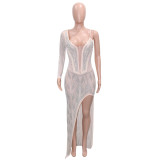 Women Sexy See-Through Beaded Long Sleeve Dress