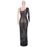 Women Sexy See-Through Beaded Long Sleeve Dress