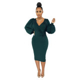 Women Solid Puff Sleeve Dress