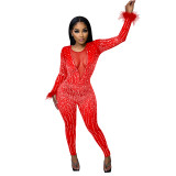 Fashion Women's Mesh Beaded V-Neck Long Sleeve Feather Long Library Jumpsuit