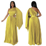 Fashion Women's One Shoulder Pleated Slash Shoulder Slim Waist Dress
