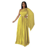 Fashion Women's One Shoulder Pleated Slash Shoulder Slim Waist Dress