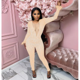 Fashion Women's Mesh Beaded V-Neck Long Sleeve Feather Long Library Jumpsuit