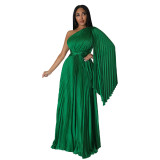 Fashion Women's One Shoulder Pleated Slash Shoulder Slim Waist Dress