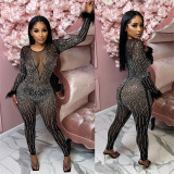 Fashion Women's Mesh Beaded V-Neck Long Sleeve Feather Long Library Jumpsuit