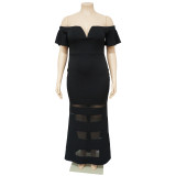 Sexy See-Through Fashion V Neck Short Flare Sleeves Plus Size Maxi Dress
