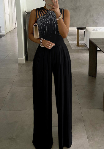 Slim Waist Hollow Out One-Piece Solid Summer Beaded Wide-Leg Jumpsuit