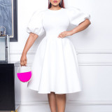 Retro Round Neck Chic Puff Sleeve Slim Waist A-Line Swing Party Dress