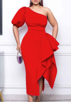 Women'S Elegant Solid Slash Shoulder Slit Ruffle Gown Sexy Dress Women'S Elegant Solid Slash Shoulder Slit Ruffle Gown Sexy Dress