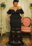 Sexy See-Through Fashion V Neck Short Flare Sleeves Plus Size Maxi Dress