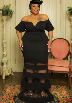 Sexy See-Through Fashion V Neck Short Flare Sleeves Plus Size Maxi Dress