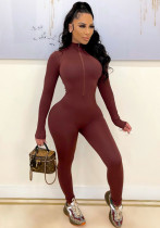 Women'S Solid Zip Long Sleeve Tight Fitting Jumpsuit