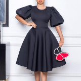 Retro Round Neck Chic Puff Sleeve Slim Waist A-Line Swing Party Dress