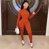 Women'S Solid Zip Long Sleeve Tight Fitting Jumpsuit