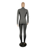 Women'S Solid Zip Long Sleeve Tight Fitting Jumpsuit