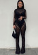 Women'S Sexy Mesh See-Through Long Sleeve Jumpsuit Bell Bottom Pants Casual Two Piece Set