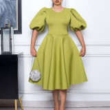 Retro Round Neck Chic Puff Sleeve Slim Waist A-Line Swing Party Dress