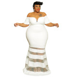 Sexy See-Through Fashion V Neck Short Flare Sleeves Plus Size Maxi Dress