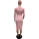 Women Spring Solid Lace-Up Ruched Slash Shoulder Dress