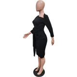 Women Spring Solid Lace-Up Ruched Slash Shoulder Dress