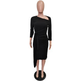 Women Spring Solid Lace-Up Ruched Slash Shoulder Dress